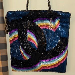 Chanel Sequins Rainbow Tote Bag with Black Accent Tote Large Purse 🌈 Easter
